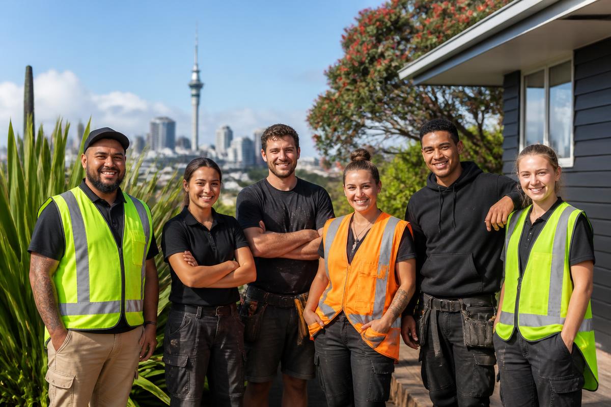 A friendly team of local Auckland tradespeople standing outside a home with the Sky Tower and native New Zealand plants in the background